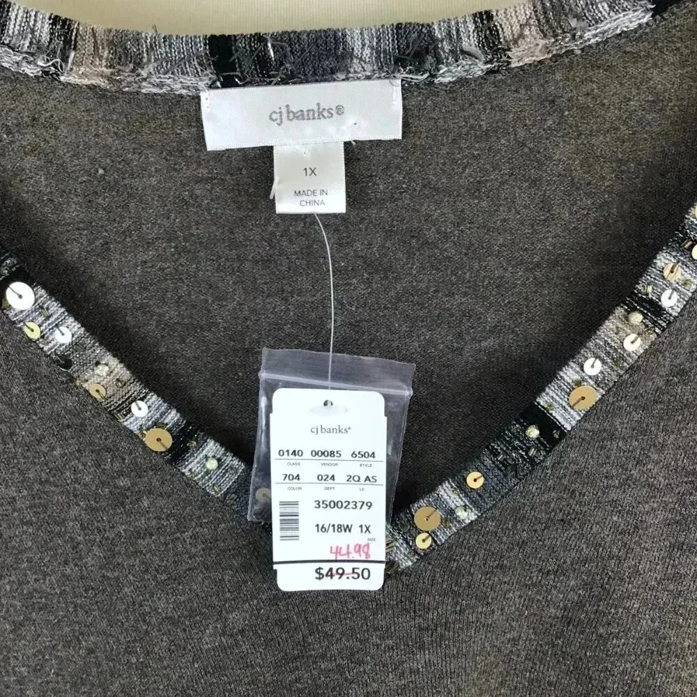 NWT Women's 1X Spring Lightweight Sweater Sequins Beaded CJ Banks V-Neck Gray - Picture 12 of 13
